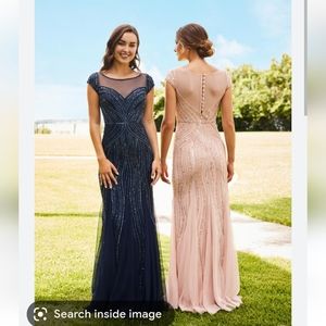 Adrianna Papell Navy and Blush Beaded Mesh Maxi Gown